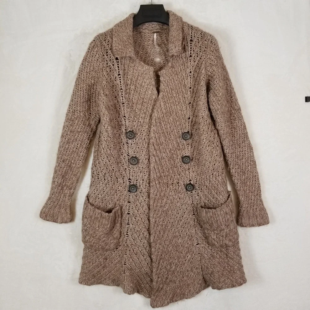 Free People Cardigan Sweater Womens S Taupe Alpaca Wool Blend Chunky Knit